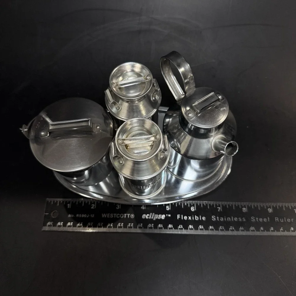 Vintage Mid Century Aluminum Kitchen Table‎ Condiment Set Made in Japan 9pc LNC